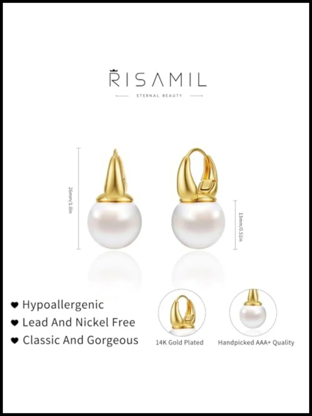 14k Gold Plated Hoop Earrings with White Pearl Dangle for Women, Hypoallergenic